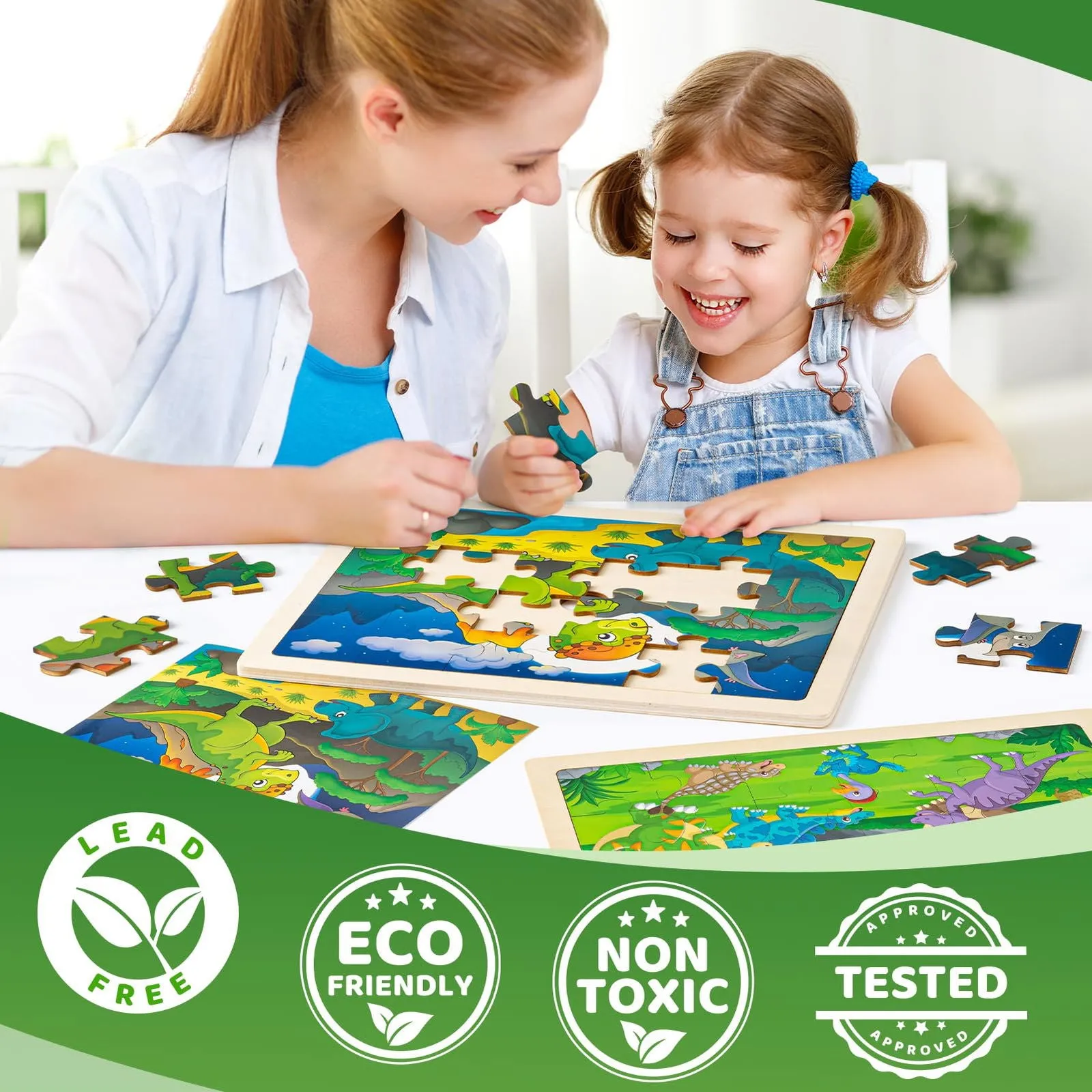 100 Pieces Deluxe Wooden Pastels Set with Blessing & 2 Pack Wooden Dinosaur Puzzles for Kids Ages 3-5 with Gift Case