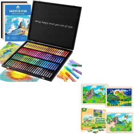 100 Pieces Deluxe Wooden Pastels Set with Blessing & 2 Pack Wooden Dinosaur Puzzles for Kids Ages 3-5 with Gift Case