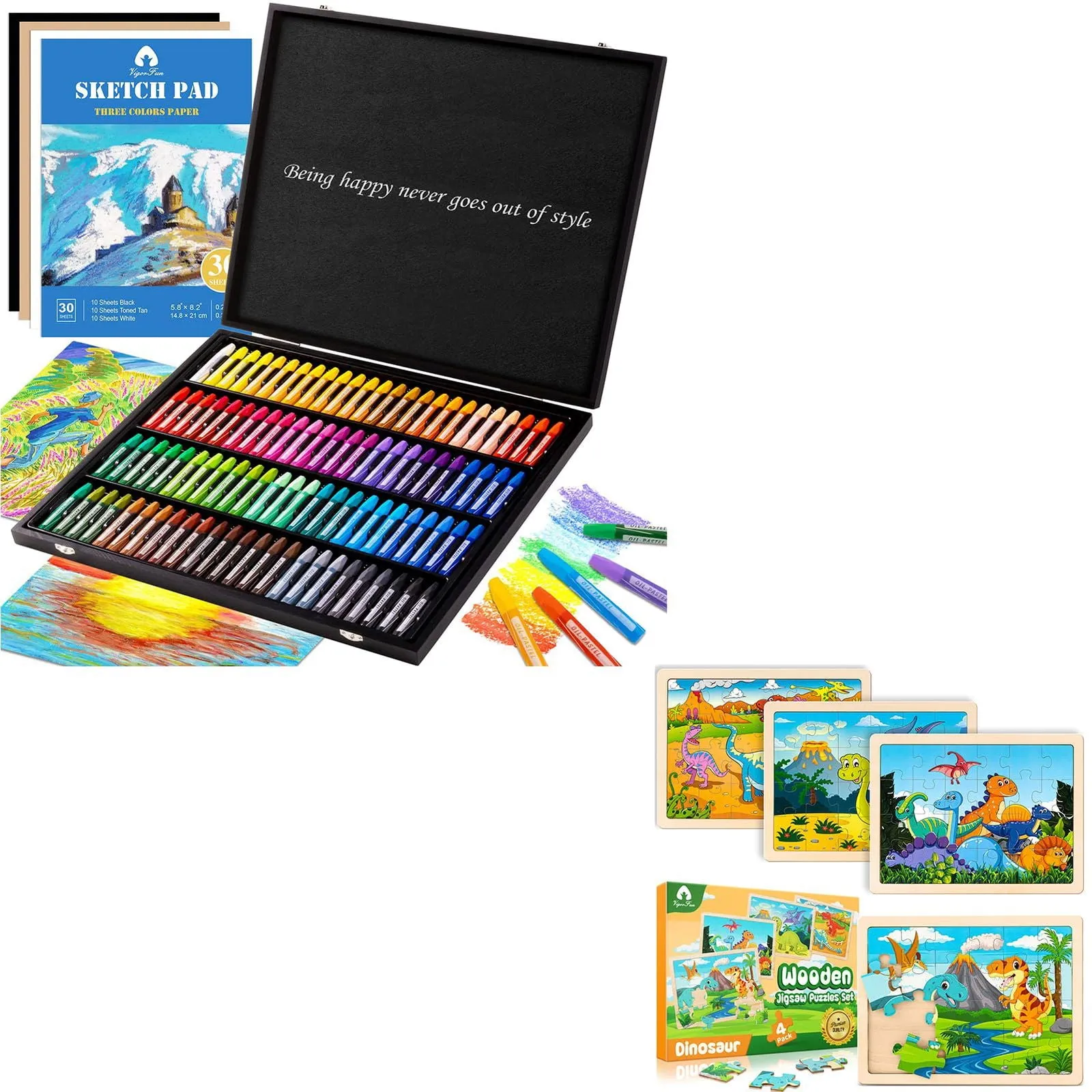 100 Pieces Deluxe Wooden Pastels Set with Blessing & 4 Packs Wooden Dinosaur Puzzles for Kids Ages 3-5 with Gift Case