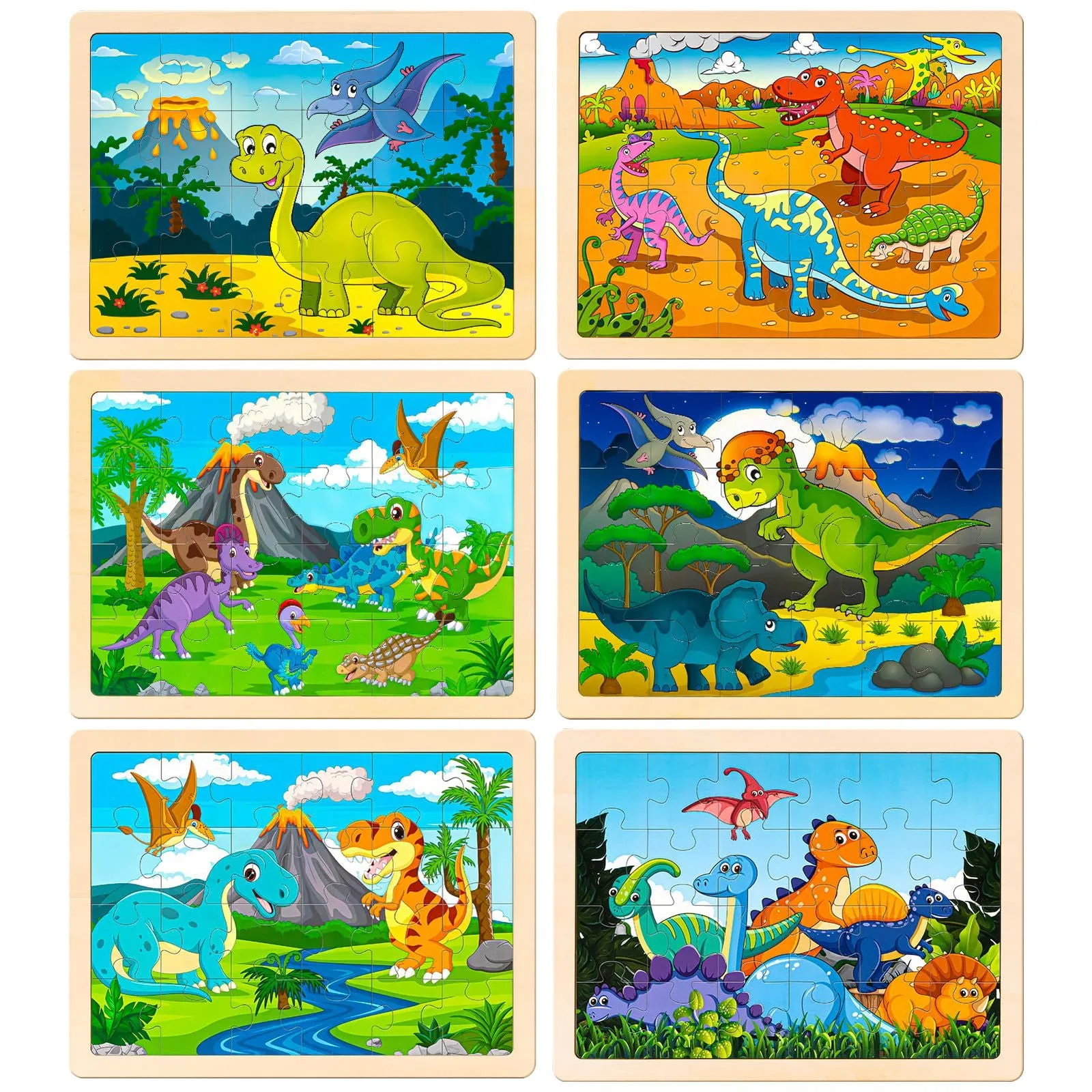 100 Pieces Deluxe Wooden Pastels Set with Blessing & 6 Pack Wooden Dinosaur Puzzles for Kids Ages 3-5 with Gift Case