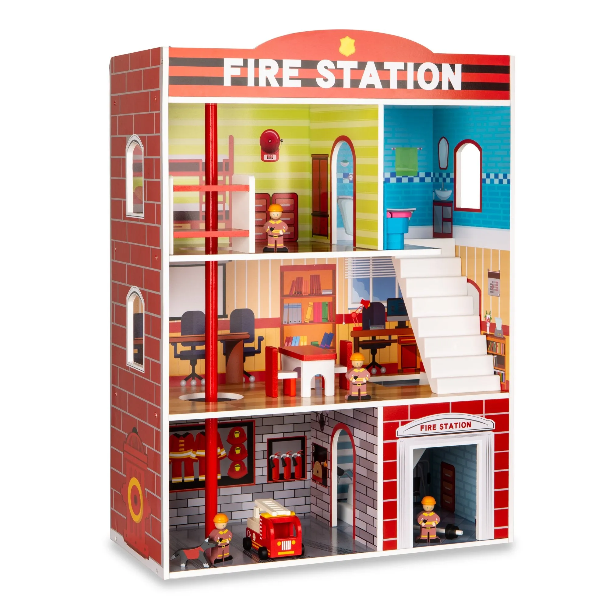 32in Kids 3-Story Model Fire Station Play Set Toy w/ 2 Vehicles, Accessories