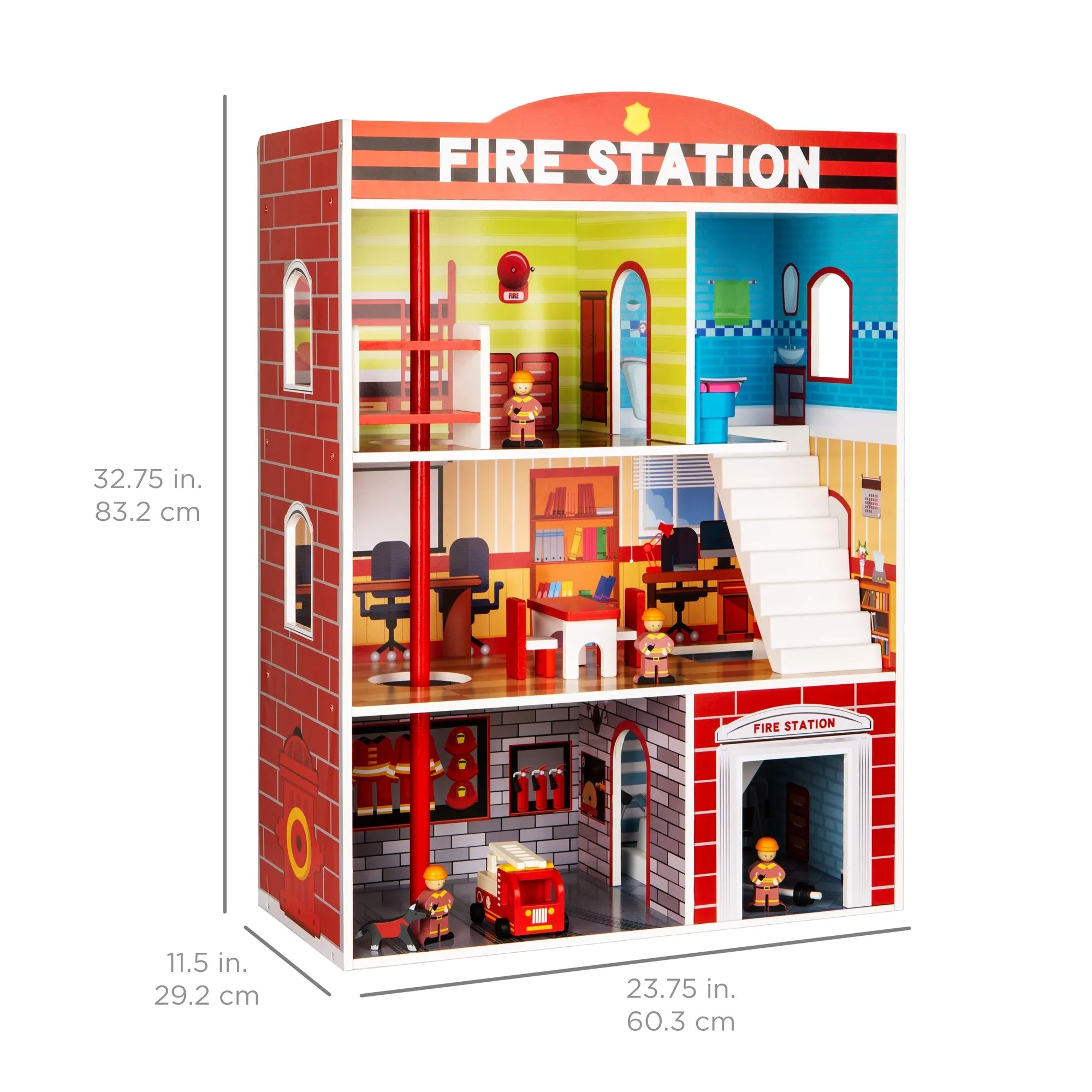 32in Kids 3-Story Model Fire Station Play Set Toy w/ 2 Vehicles, Accessories