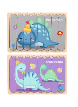 3D Double-sided Wooden Jigsaw Bar Puzzle Toy, Dinosaurs