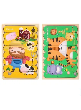 3D Double-sided Wooden Jigsaw Bar Puzzle Toy, Farm/Forest Animals