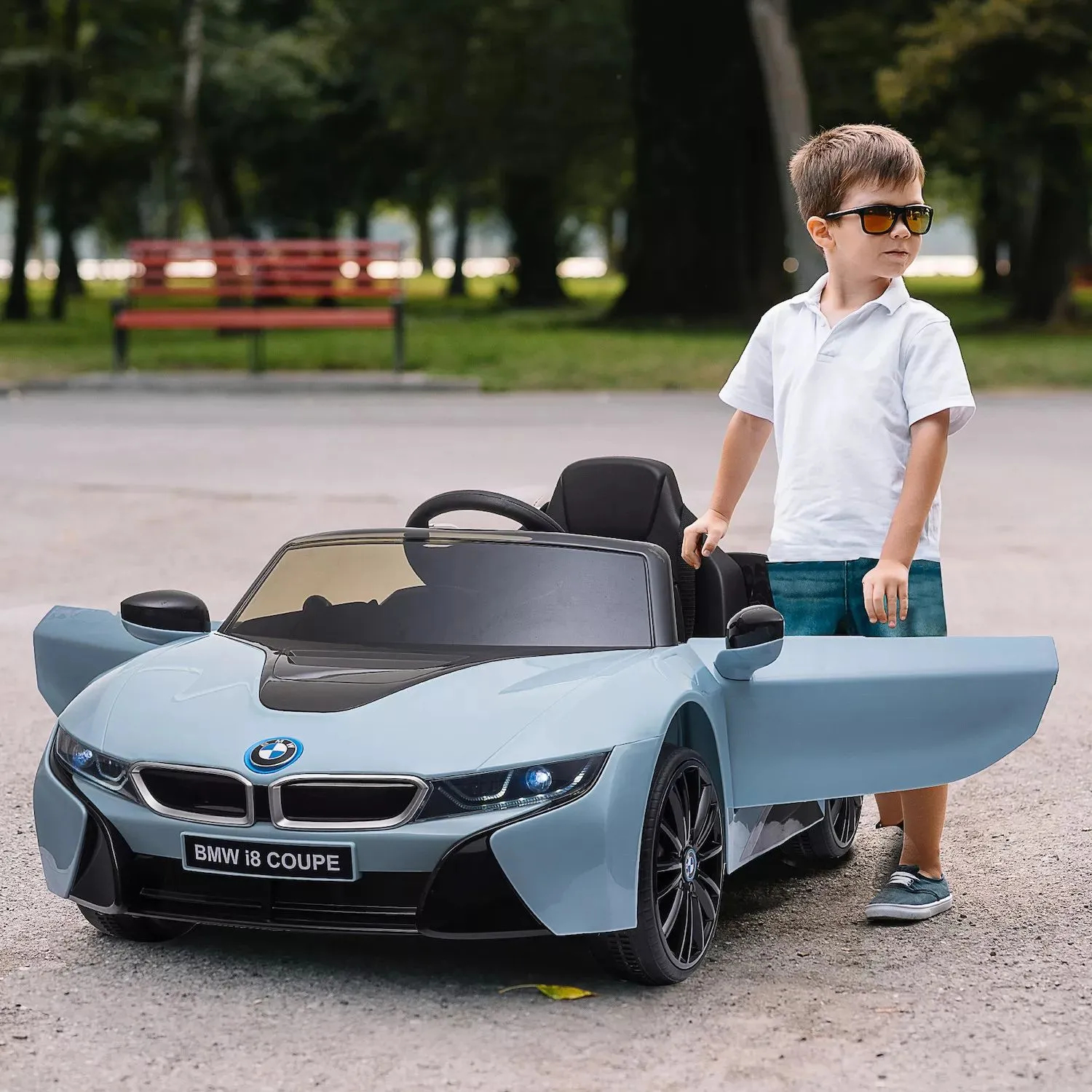 Aosom Licensed Electric BMW I8 Coupe Children's Toy battery operated, 6 V, with remote control musical sound light, MP3, hanging wheels for children 37 years old, 96 months blue Aosom