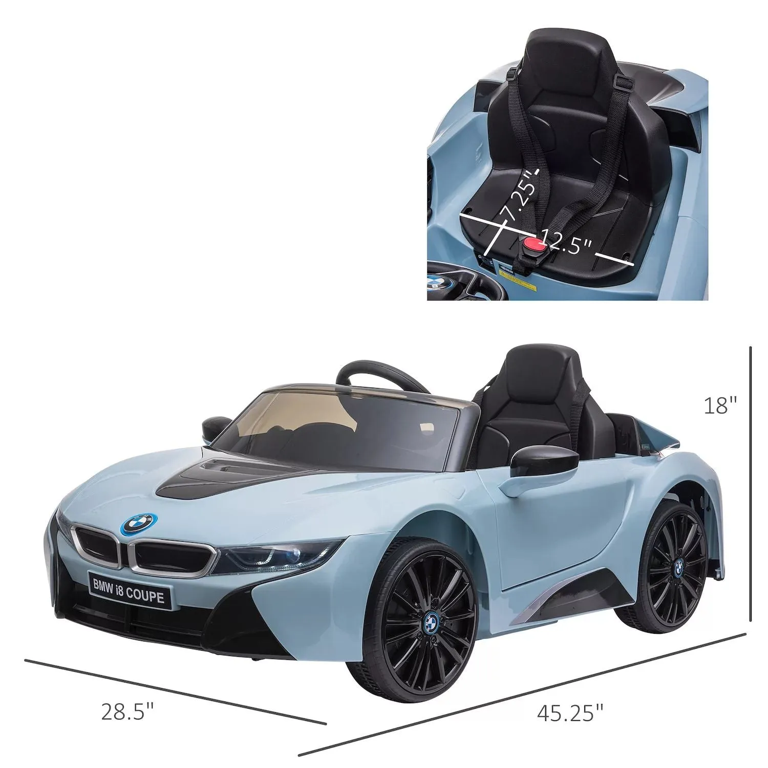 Aosom Licensed Electric BMW I8 Coupe Children's Toy battery operated, 6 V, with remote control musical sound light, MP3, hanging wheels for children 37 years old, 96 months blue Aosom