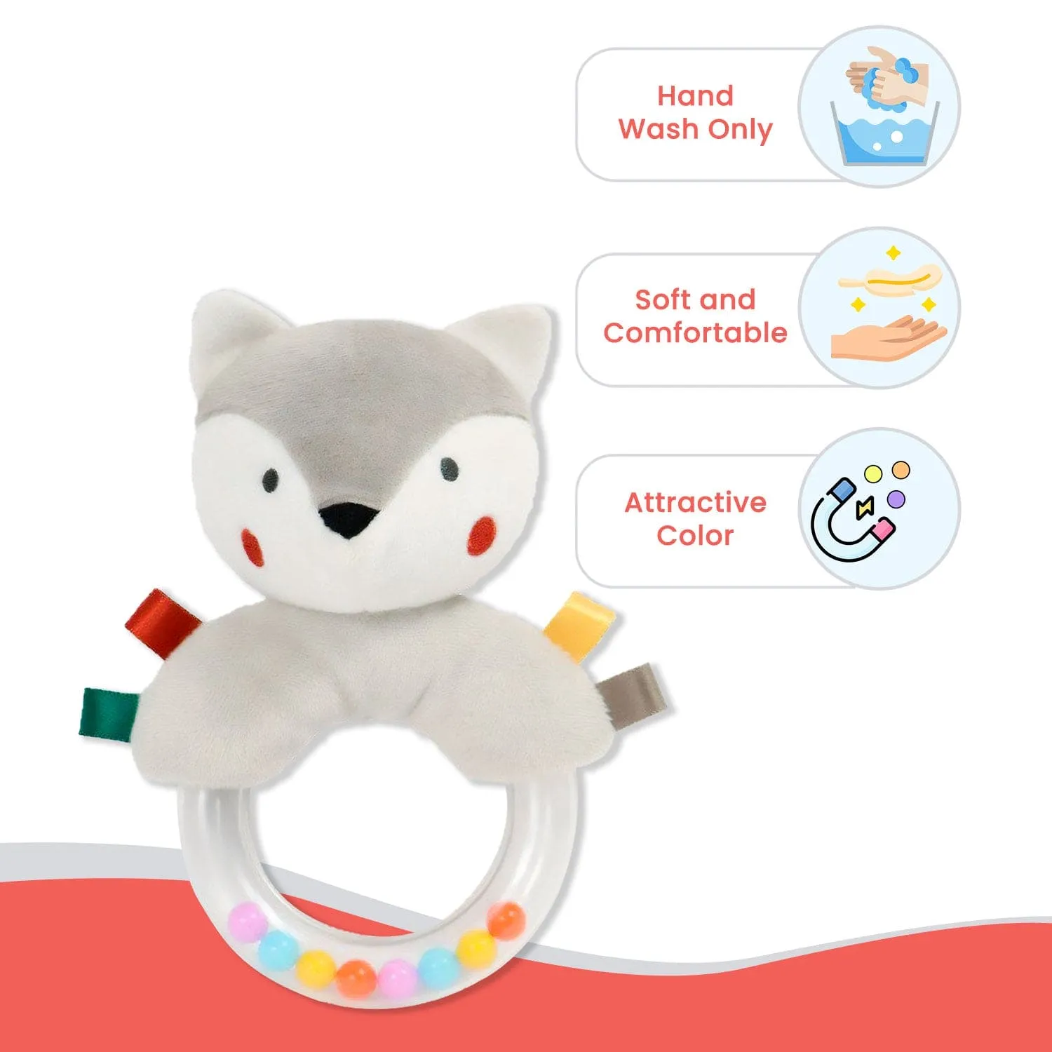 Baby Moo Fluffy Wolf Sensory Hand Grab Developmental Plush Handheld Ring Rattle Toy - Grey