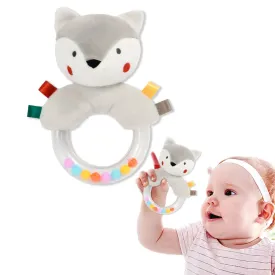 Baby Moo Fluffy Wolf Sensory Hand Grab Developmental Plush Handheld Ring Rattle Toy - Grey