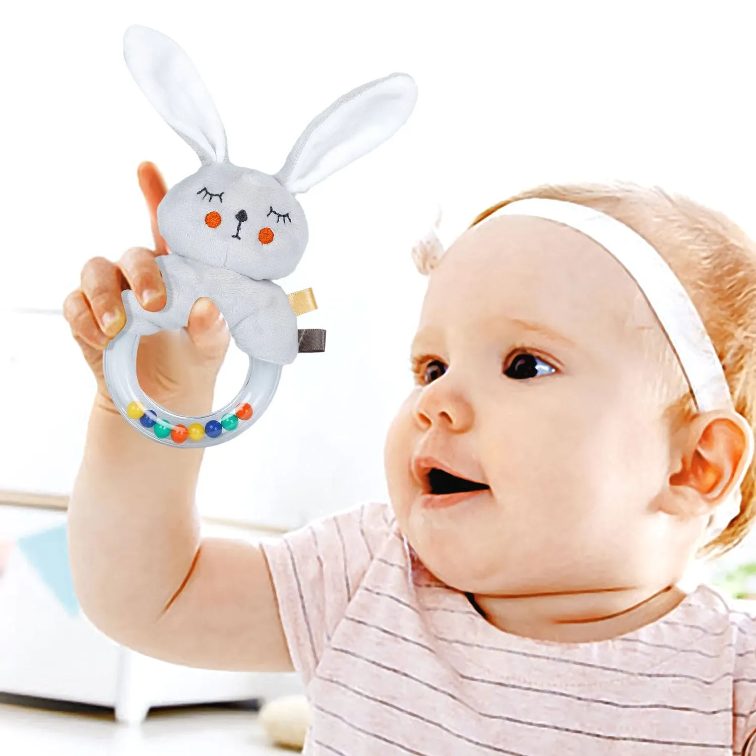 Baby Moo Sleepy Bunny Sensory Hand Grab Developmental Plush Handheld Ring Rattle Toy - Grey