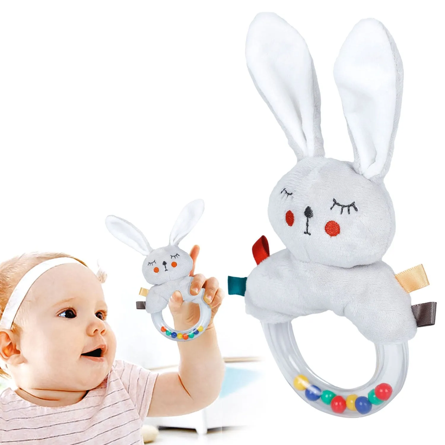 Baby Moo Sleepy Bunny Sensory Hand Grab Developmental Plush Handheld Ring Rattle Toy - Grey