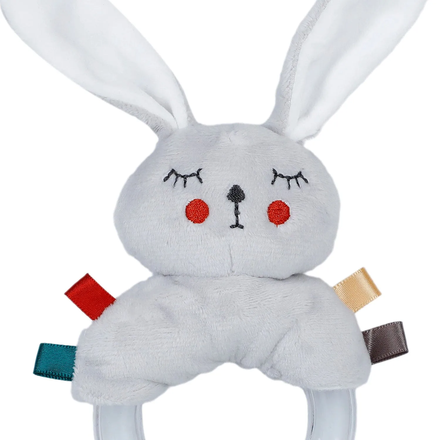 Baby Moo Sleepy Bunny Sensory Hand Grab Developmental Plush Handheld Ring Rattle Toy - Grey