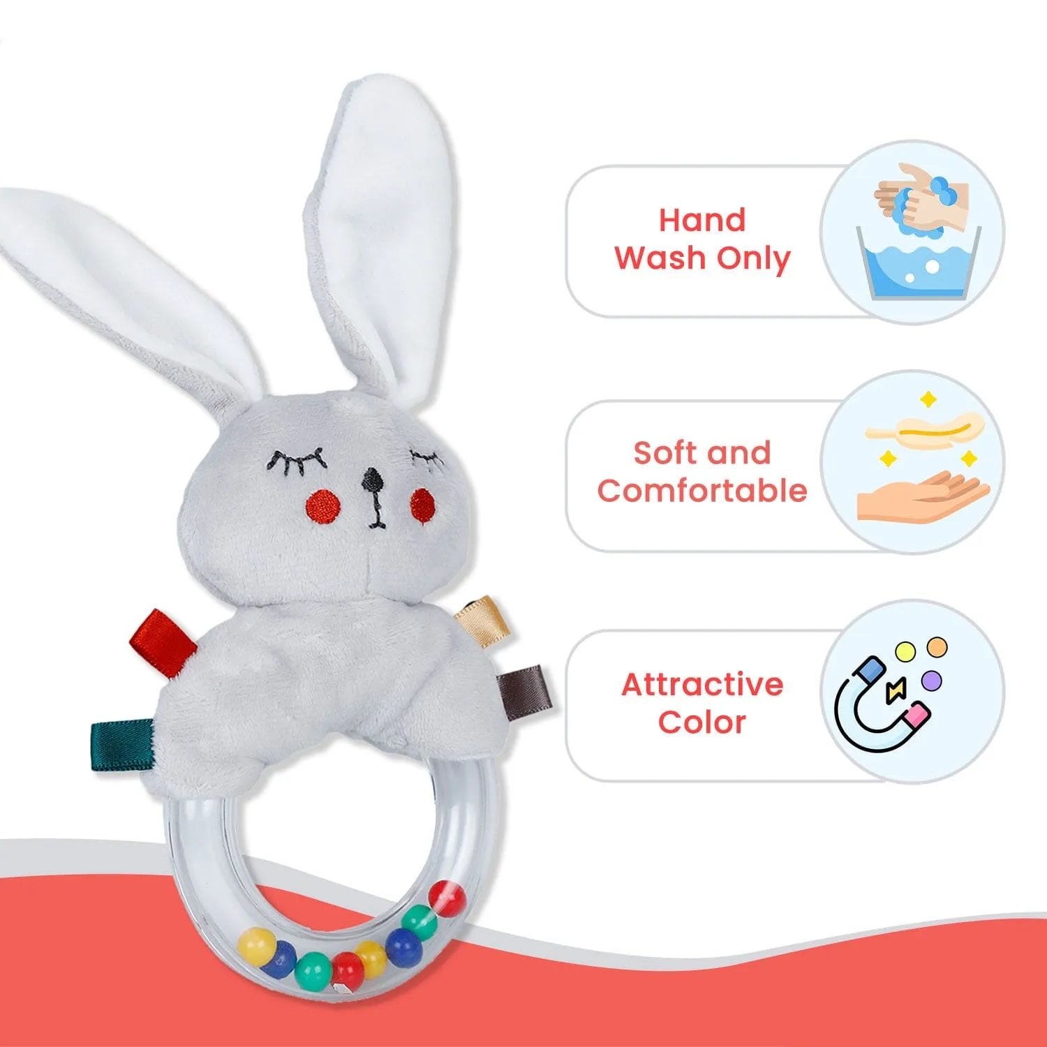 Baby Moo Sleepy Bunny Sensory Hand Grab Developmental Plush Handheld Ring Rattle Toy - Grey