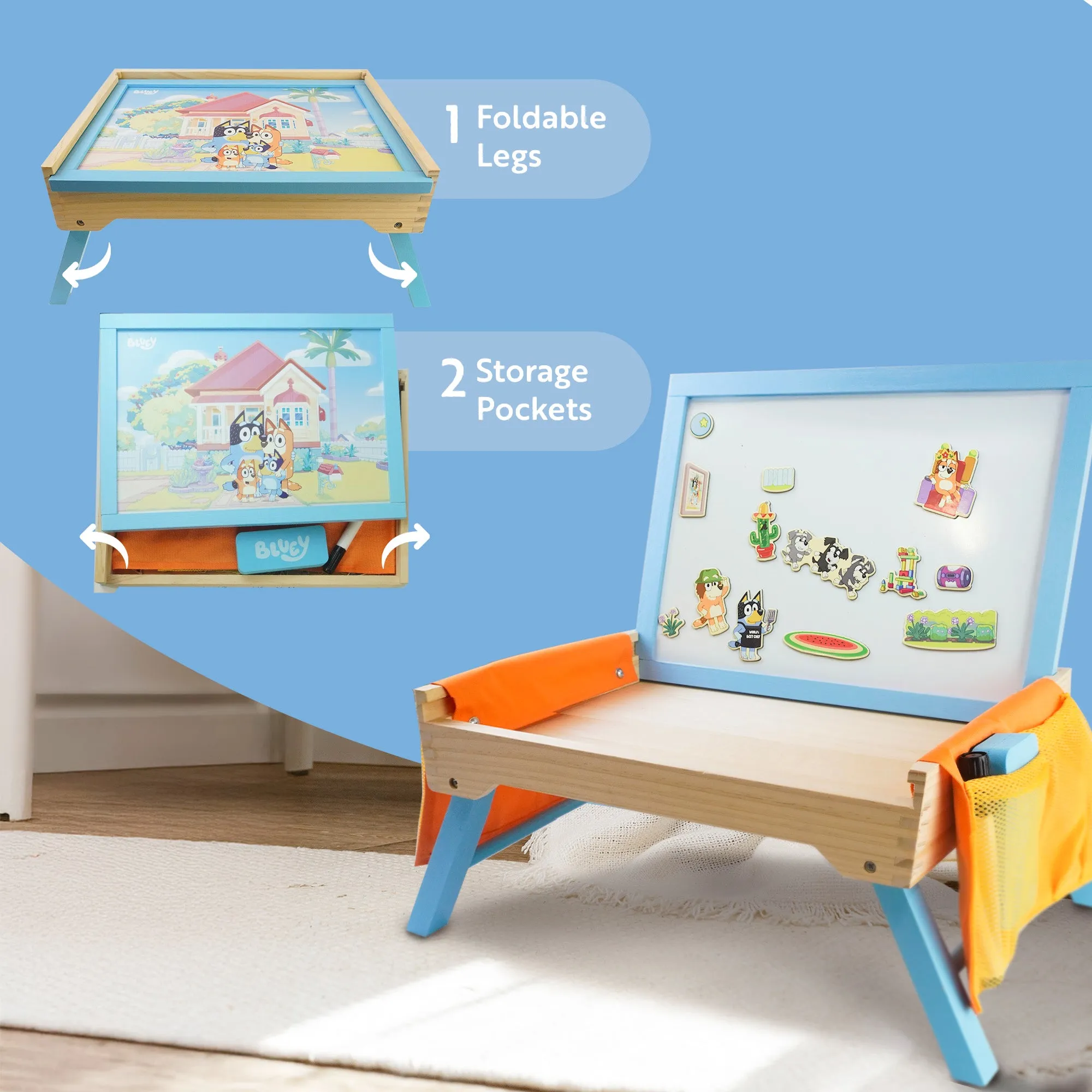 Bluey 102D Creation Station - 2 in 1 Magnetic Whiteboard & Lap Tray for Kids 3 , Portable, Sturdy & FSC-Certified, Compact & Kid-Safe