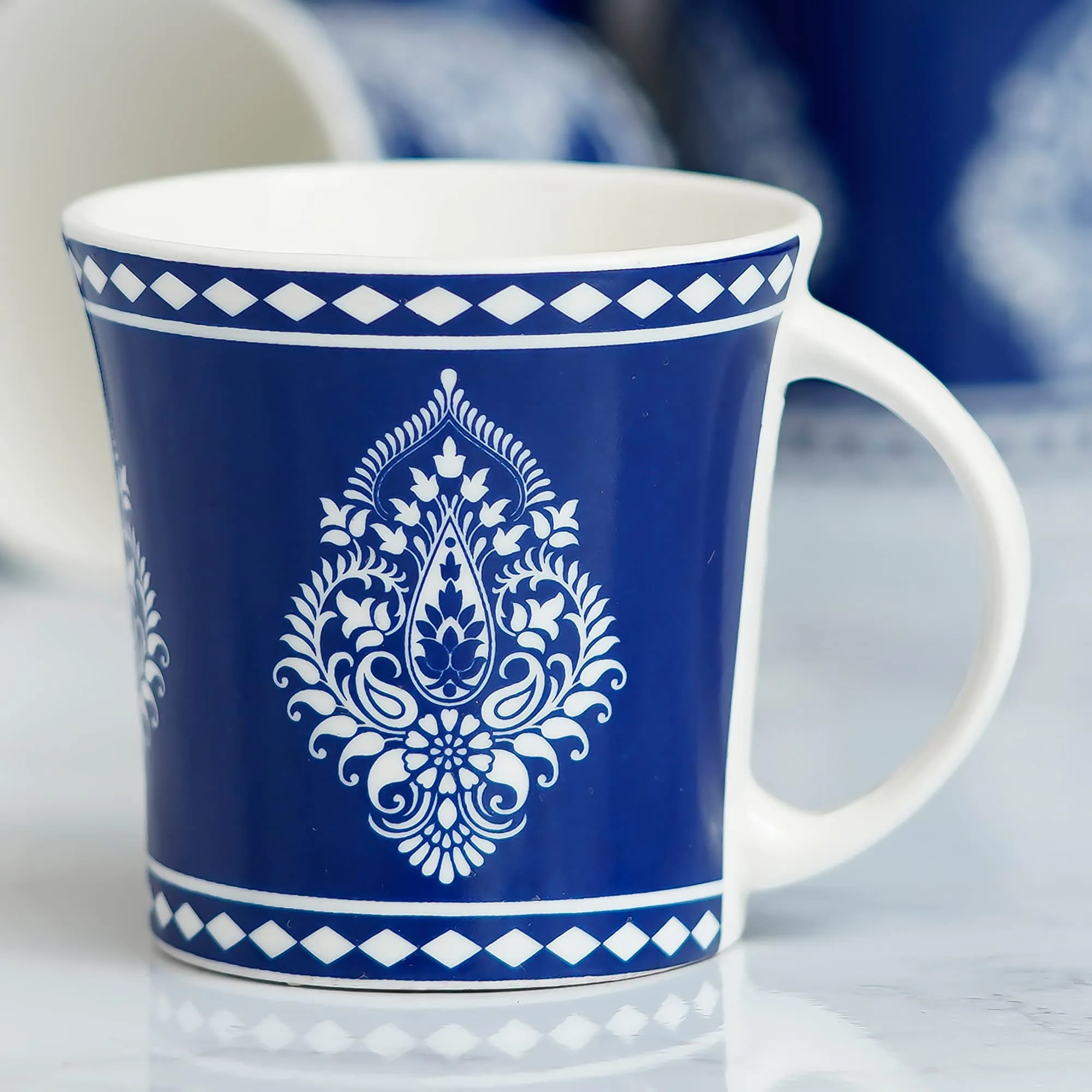 Femora Indian Ceramic Handmade Blue Block Print Tea Cup - 6 pcs, 160 ML - Small Serving