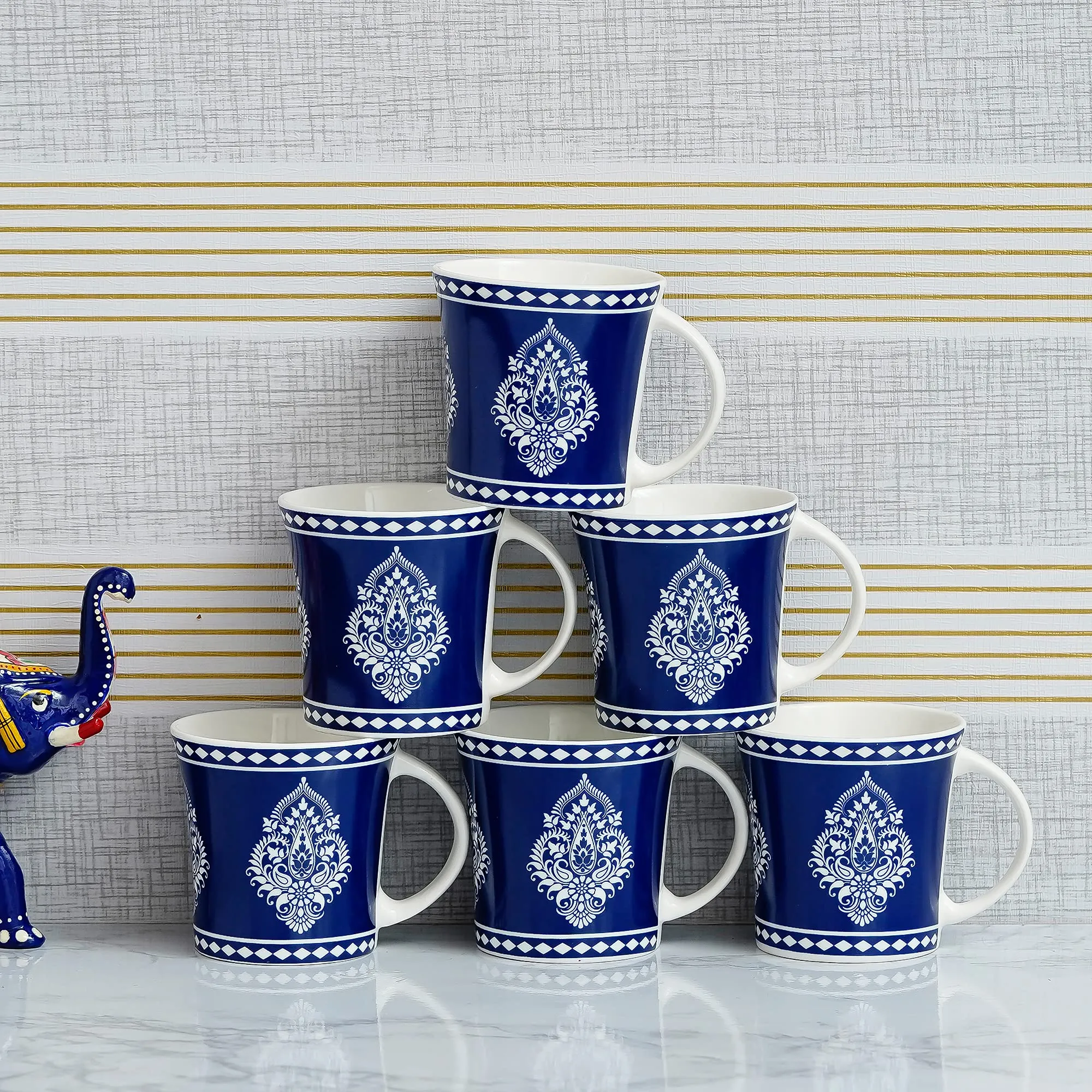 Femora Indian Ceramic Handmade Blue Block Print Tea Cup - 6 pcs, 160 ML - Small Serving