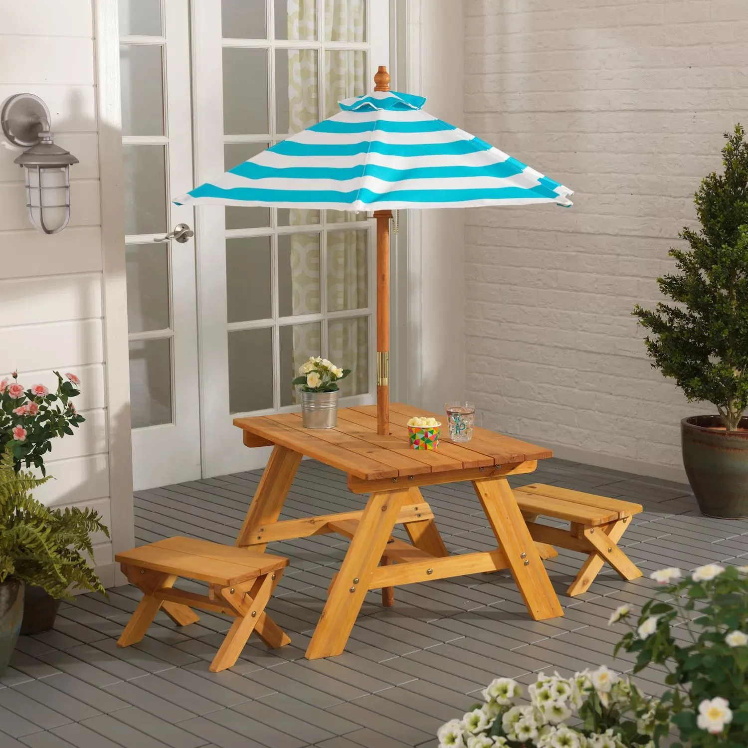 KidKraft outdoor table and bench set with umbrella - turquoise and white KidKraft