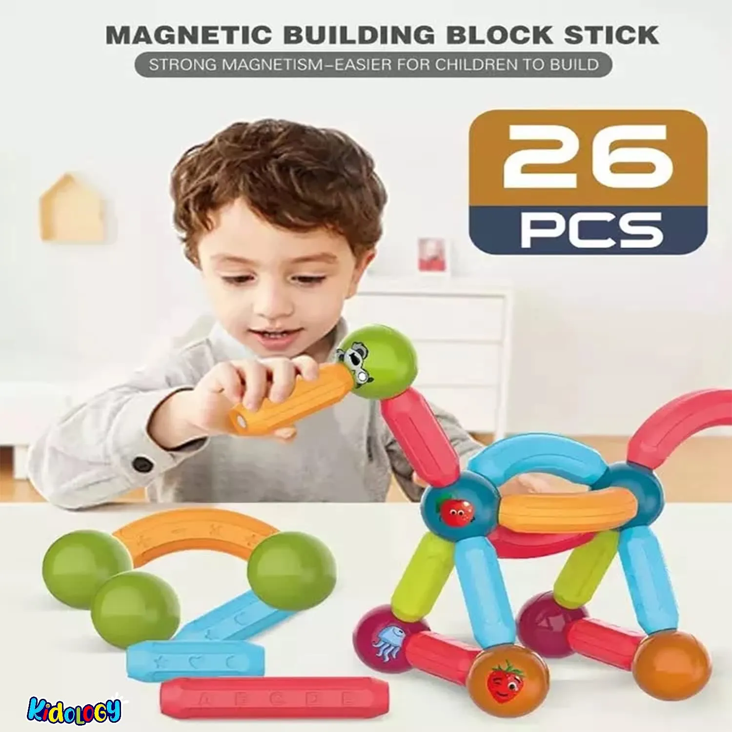 Kidology DIY Magnetic Sticks and Balls Building Blocks Toys - Kids Montessori Magnetic Balls and Rods Set - Play, Stack, and Learn with 3D Magnet Educational Toys for Kids (26 Pcs) - Multi-Color