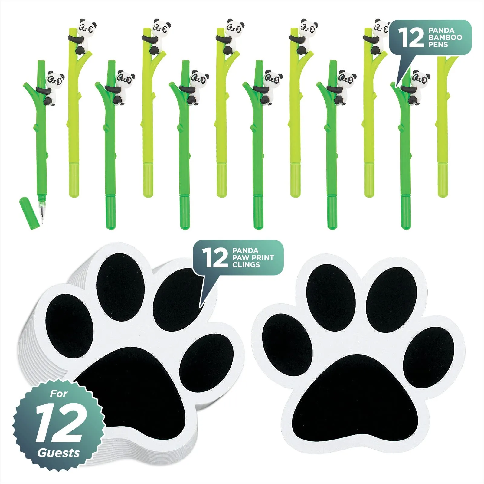 Panda Party Favors - Little Panda Bamboo Pens and Panda Paw Print Clings for 12 Guests