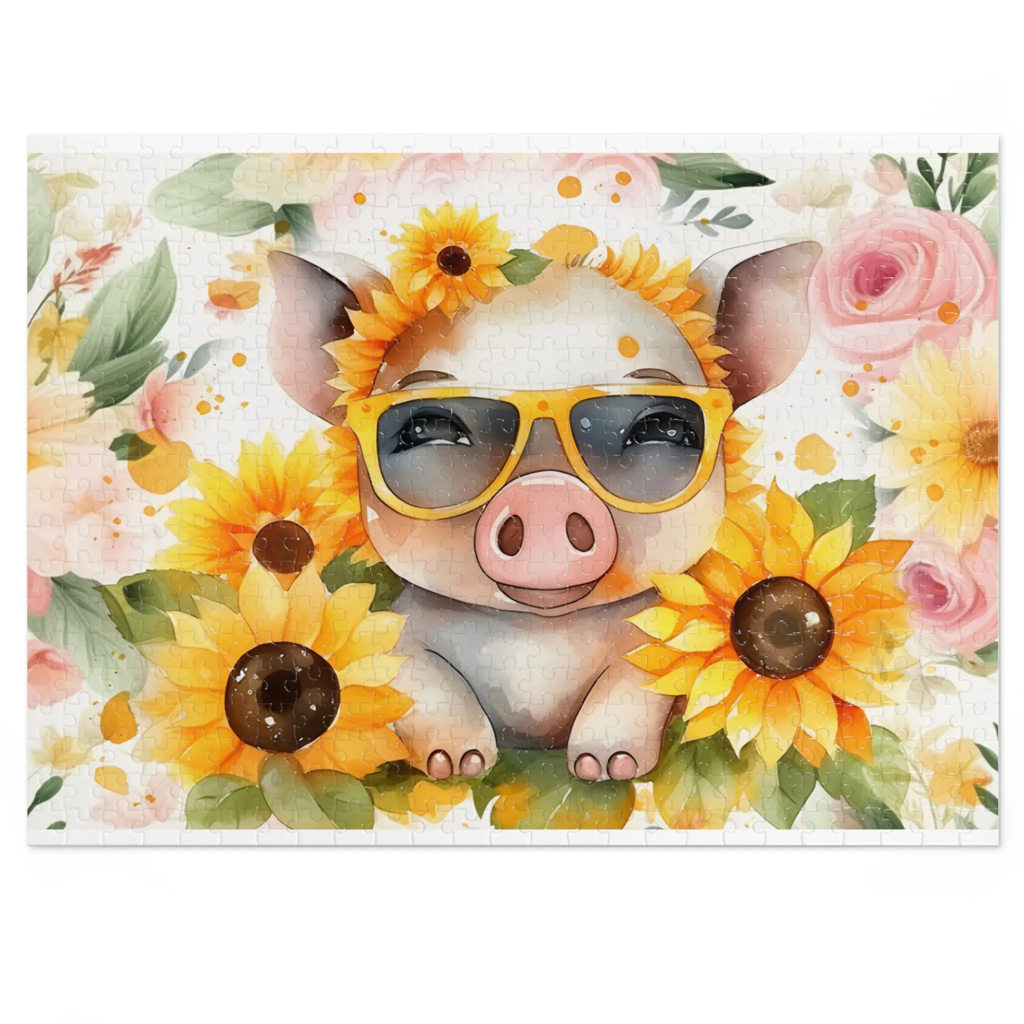 Puzzle, Pig, Sunflowers, Personalised/Non-Personalised (30, 110, 252, 500,1000-Piece) awd-657