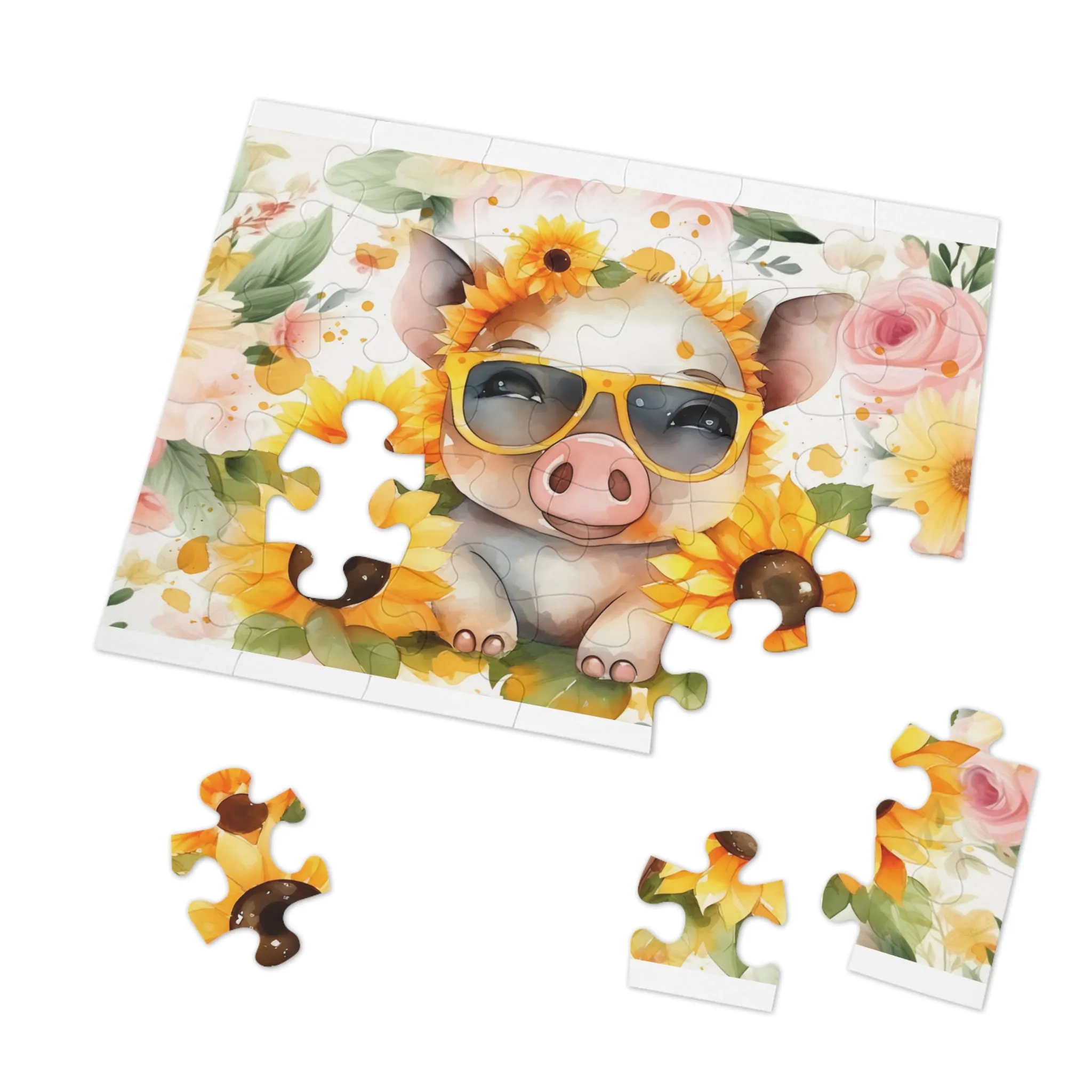 Puzzle, Pig, Sunflowers, Personalised/Non-Personalised (30, 110, 252, 500,1000-Piece) awd-657