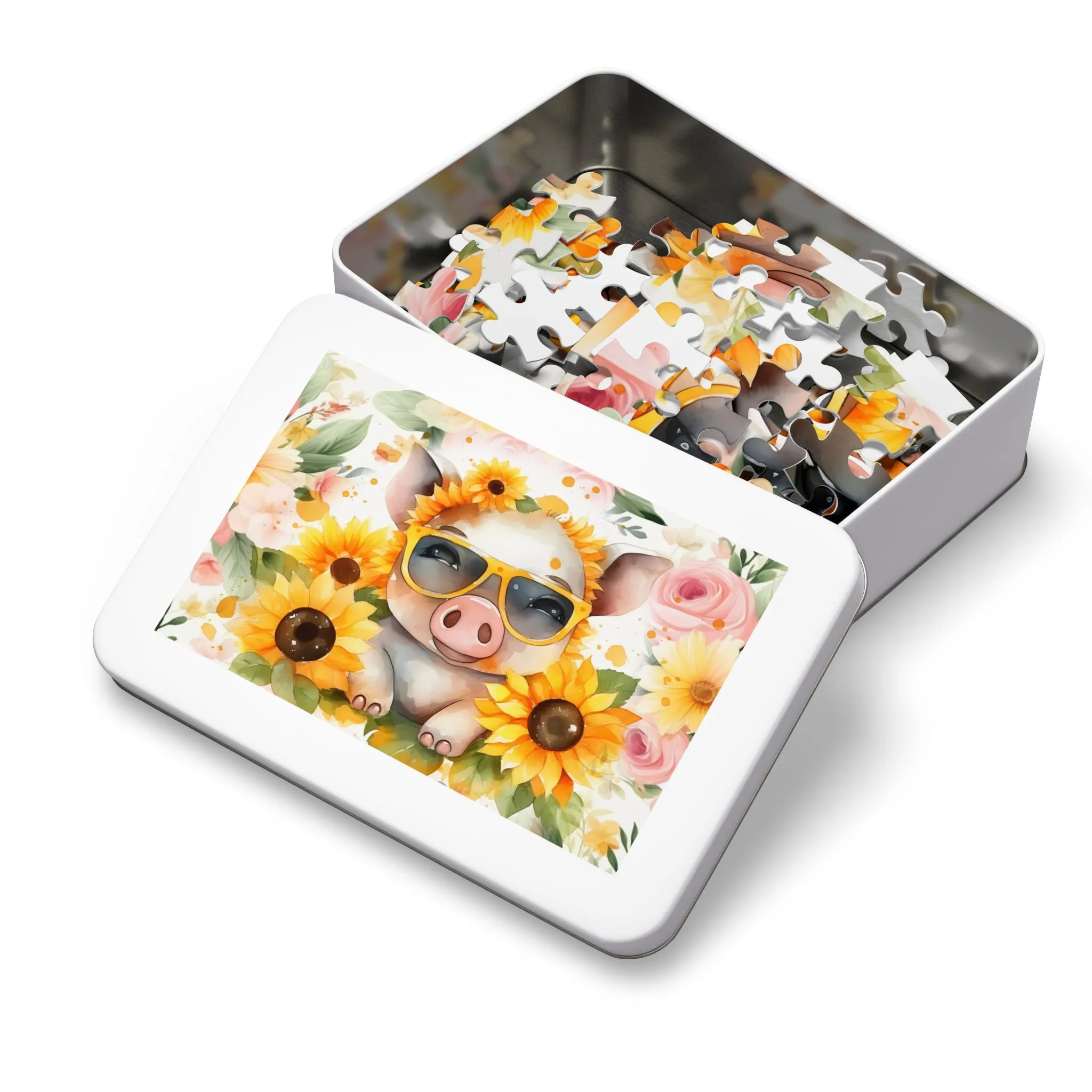 Puzzle, Pig, Sunflowers, Personalised/Non-Personalised (30, 110, 252, 500,1000-Piece) awd-657