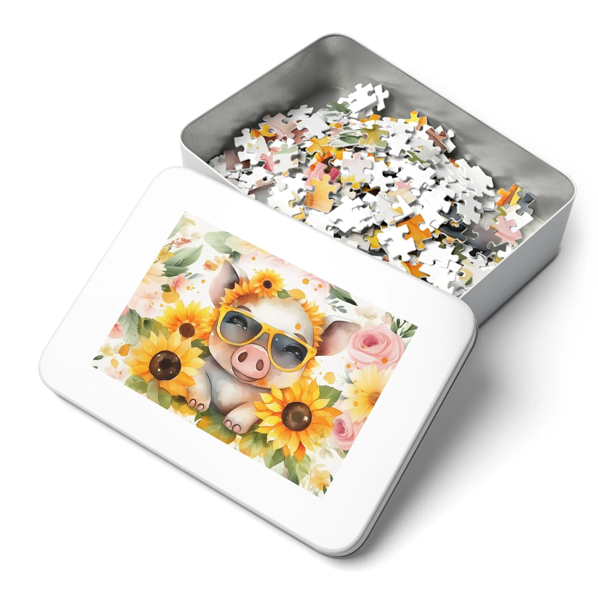 Puzzle, Pig, Sunflowers, Personalised/Non-Personalised (30, 110, 252, 500,1000-Piece) awd-657