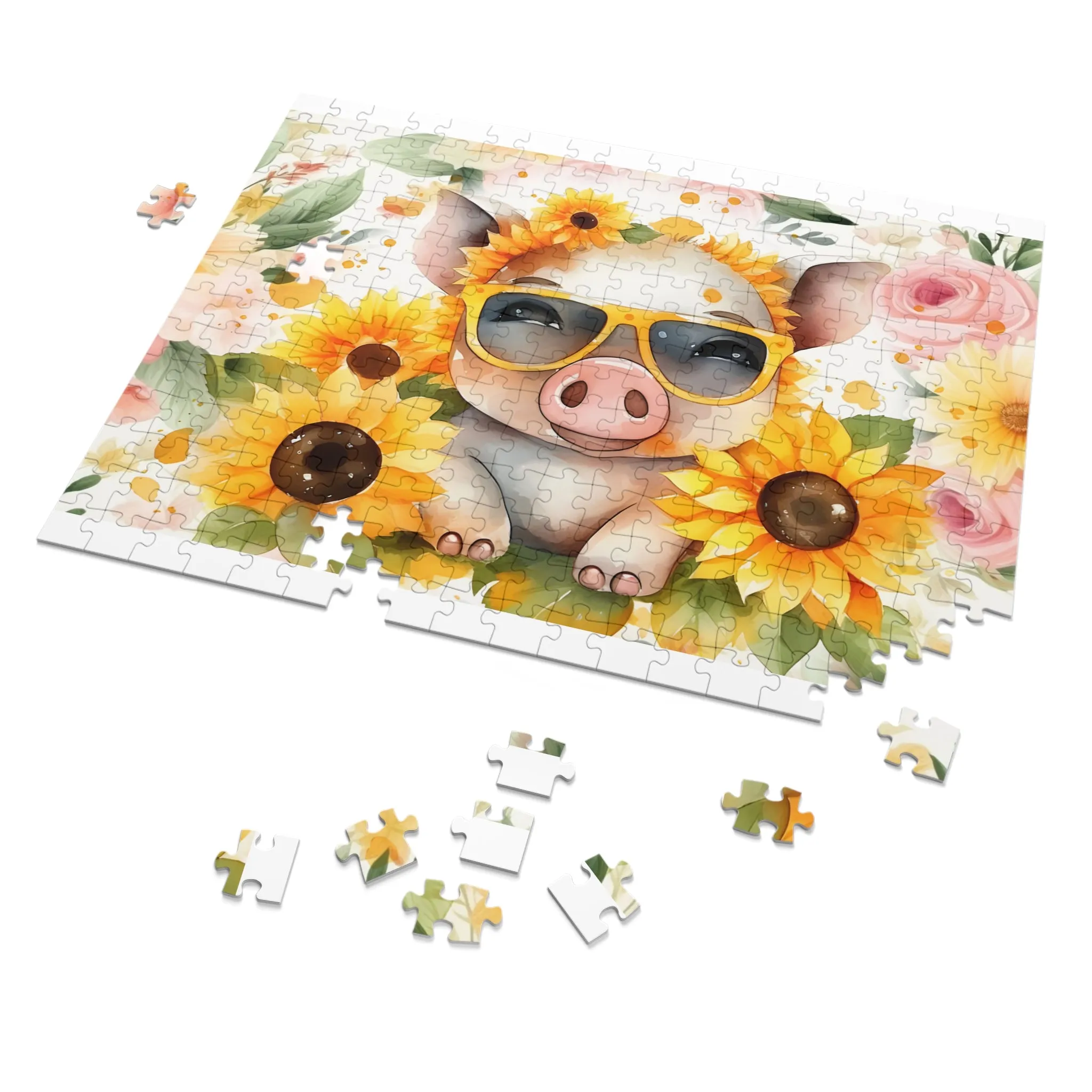 Puzzle, Pig, Sunflowers, Personalised/Non-Personalised (30, 110, 252, 500,1000-Piece) awd-657