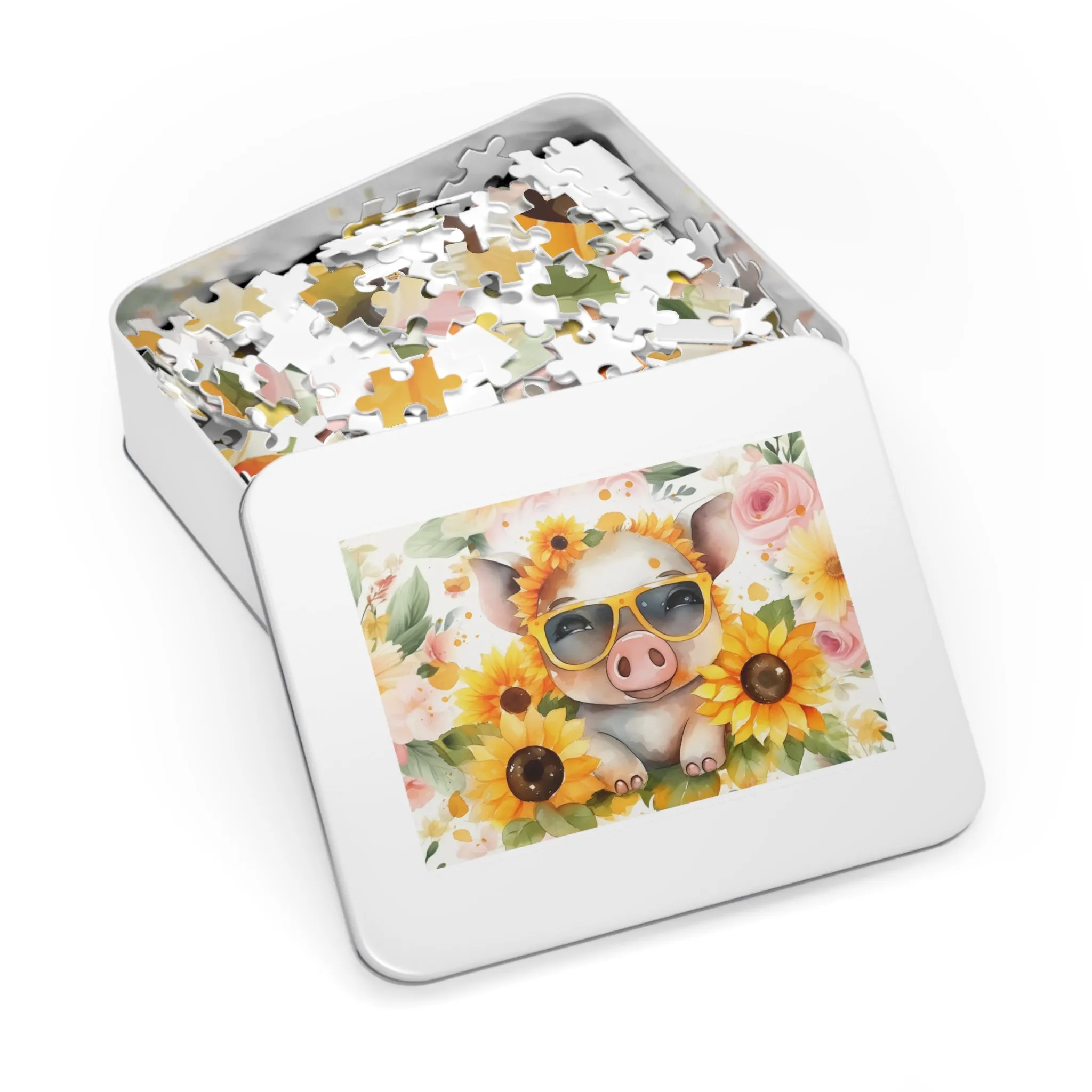 Puzzle, Pig, Sunflowers, Personalised/Non-Personalised (30, 110, 252, 500,1000-Piece) awd-657