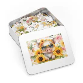 Puzzle, Pig, Sunflowers, Personalised/Non-Personalised (30, 110, 252, 500,1000-Piece) awd-657