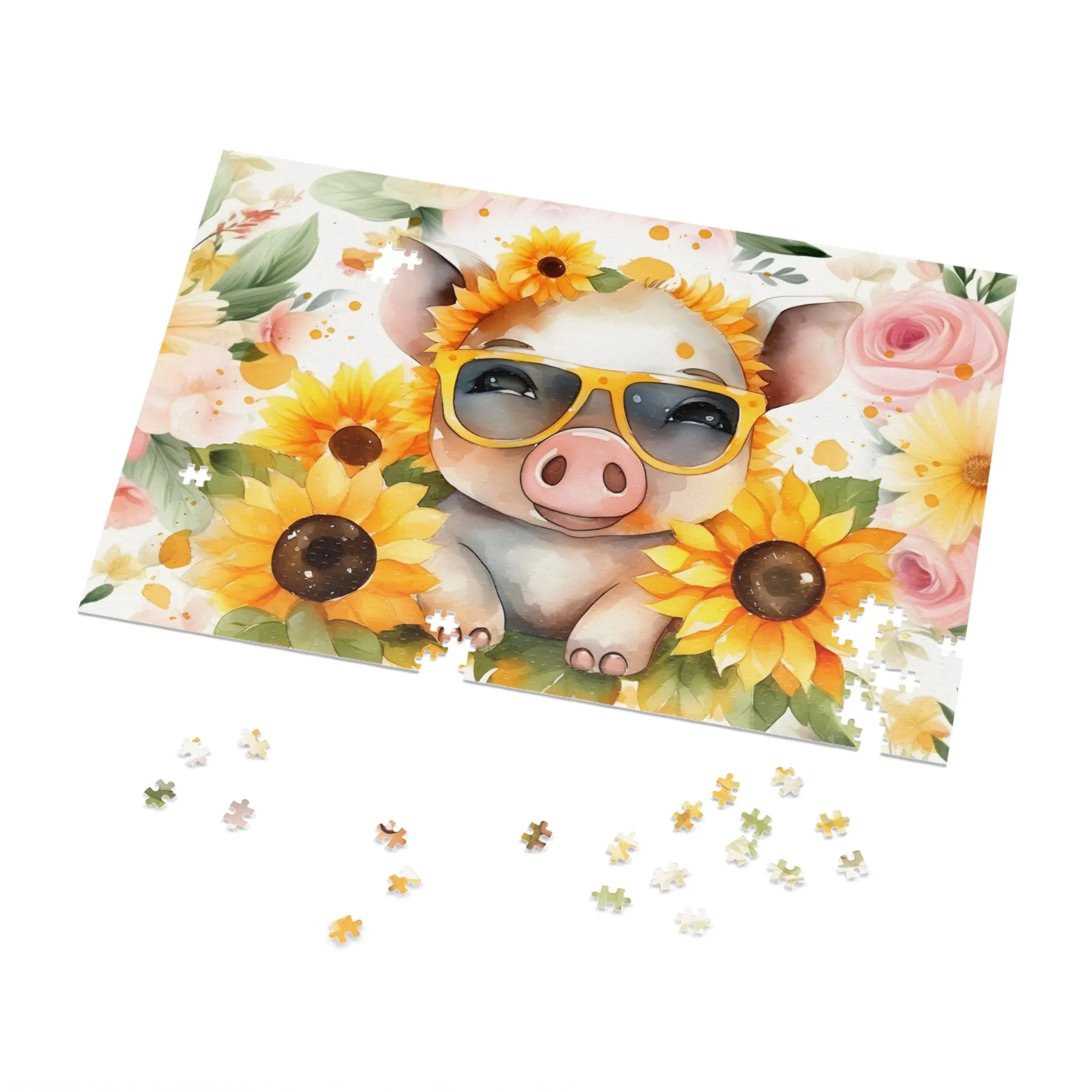 Puzzle, Pig, Sunflowers, Personalised/Non-Personalised (30, 110, 252, 500,1000-Piece) awd-657