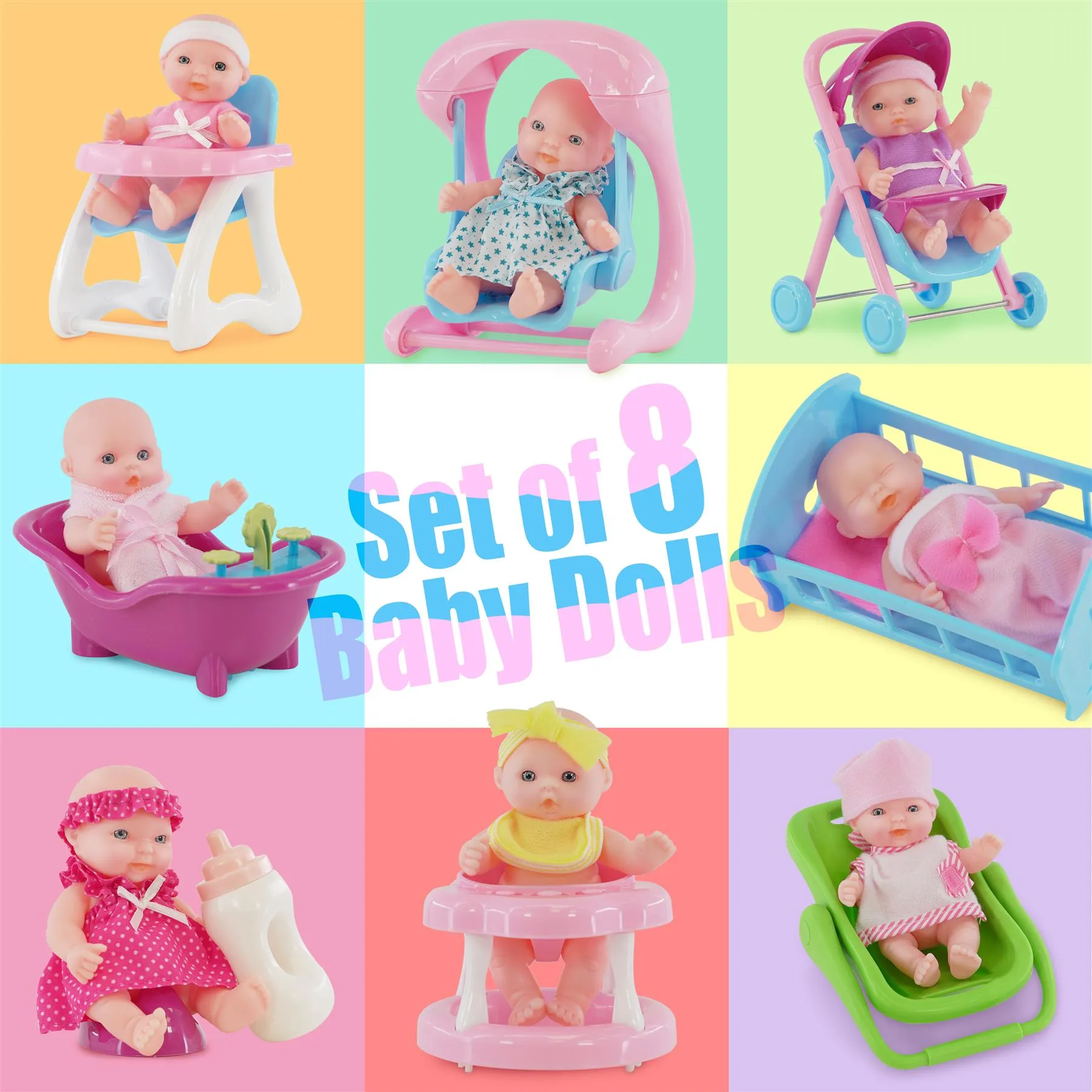 Set of 8 Baby Dolls with Costumes and Accessories