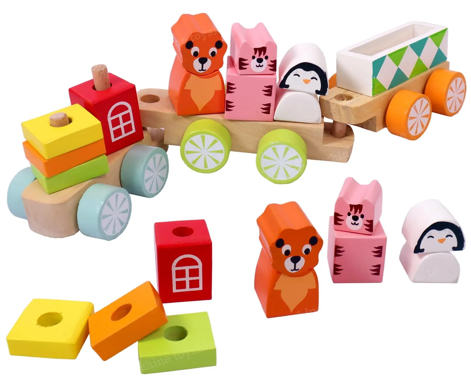 Toyshine Wooden Geometric Animal Block Train, Shape And Color Recognition Stacking Set Toys, Multi Color - Kid