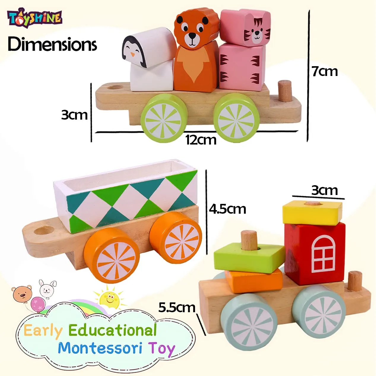 Toyshine Wooden Geometric Animal Block Train, Shape And Color Recognition Stacking Set Toys, Multi Color - Kid