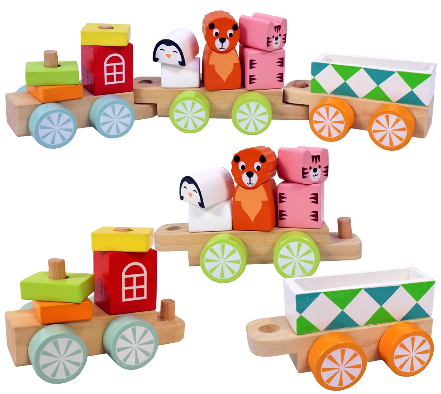 Toyshine Wooden Geometric Animal Block Train, Shape And Color Recognition Stacking Set Toys, Multi Color - Kid