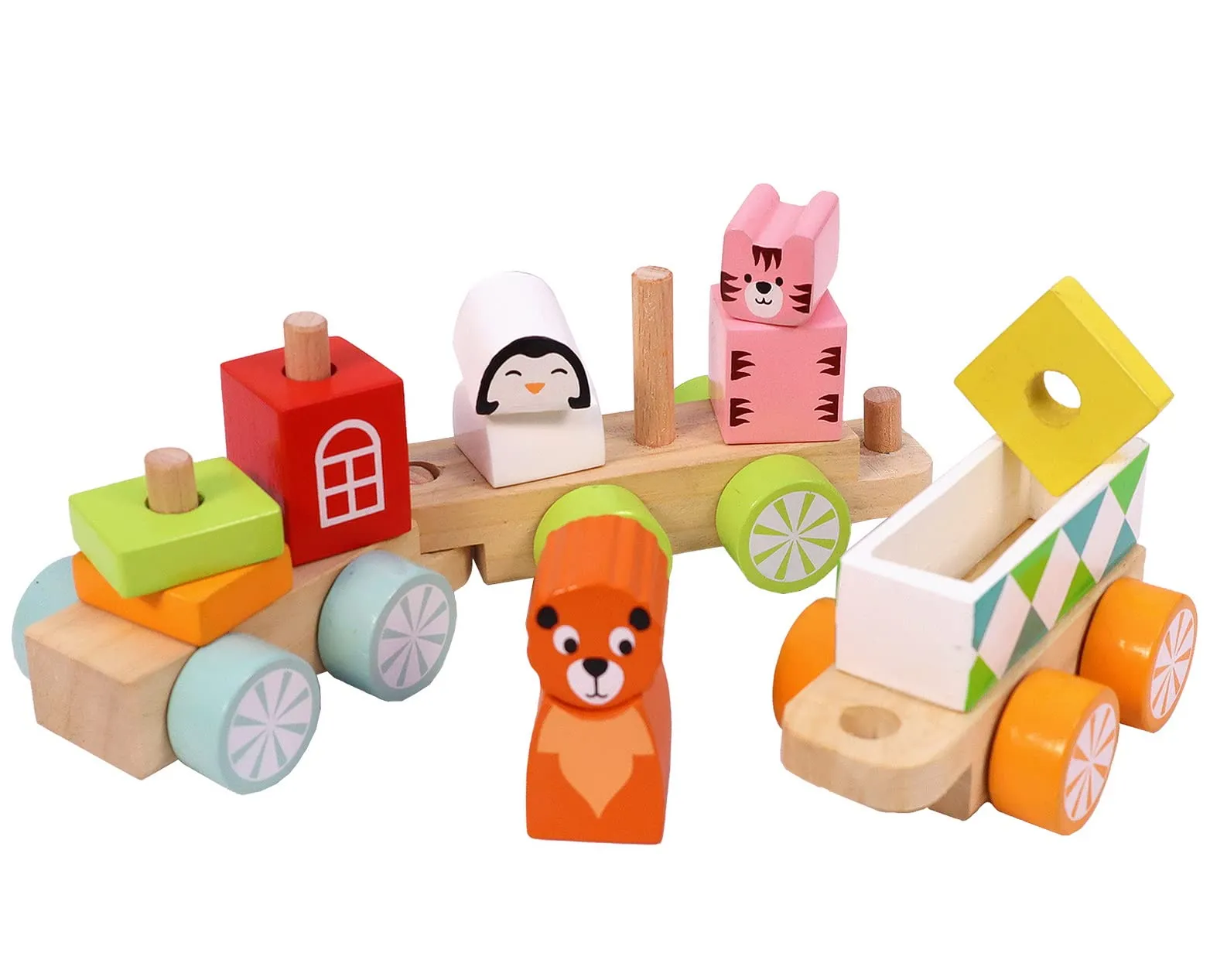 Toyshine Wooden Geometric Animal Block Train, Shape And Color Recognition Stacking Set Toys, Multi Color - Kid