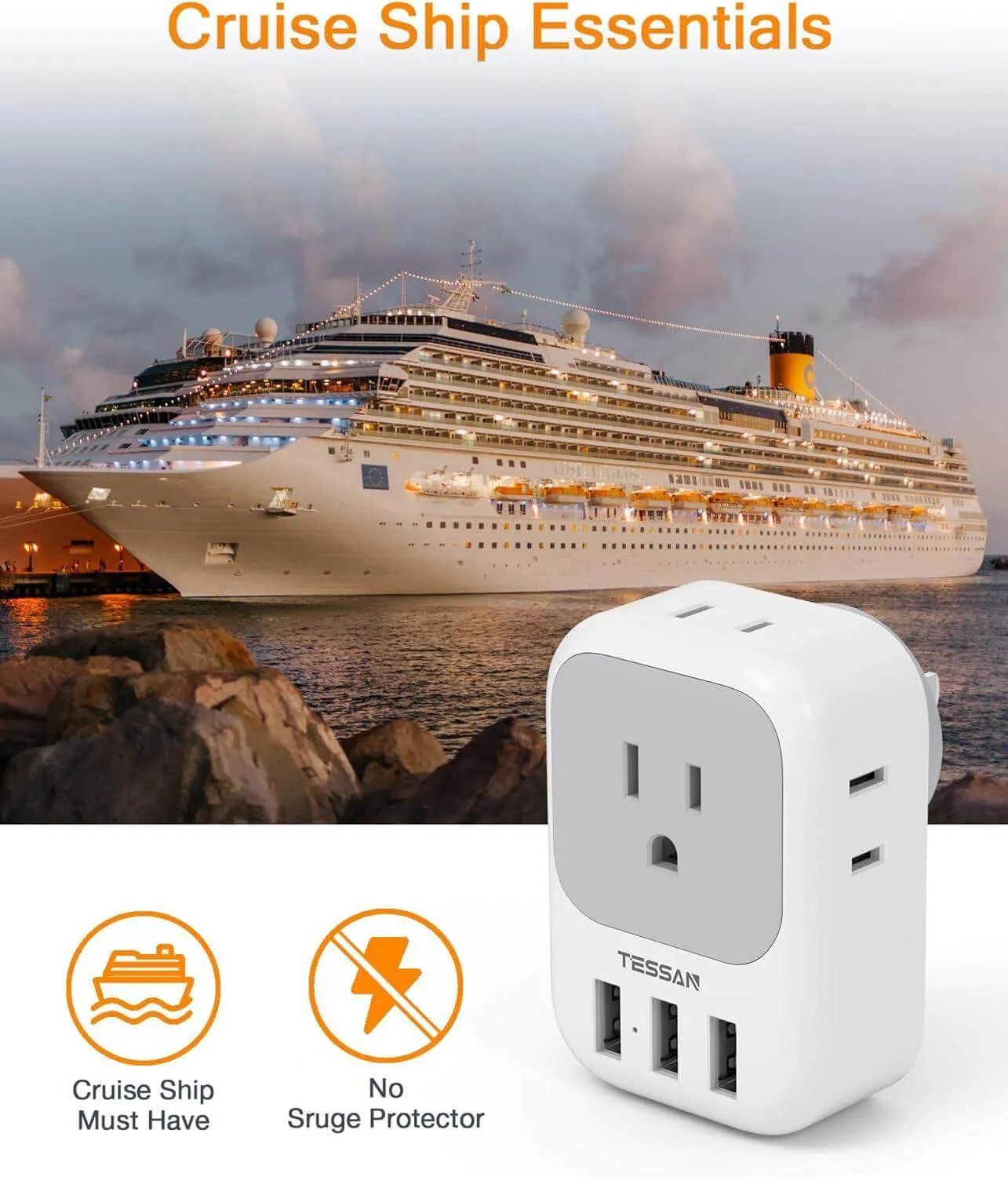 USB Charger Block, USB Plug Adapter with Electrical 4 Box Splitter